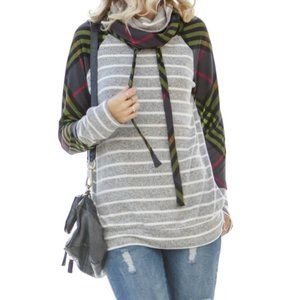 Striped Knit Cowl Neck Hoodie Sweatshirt Top